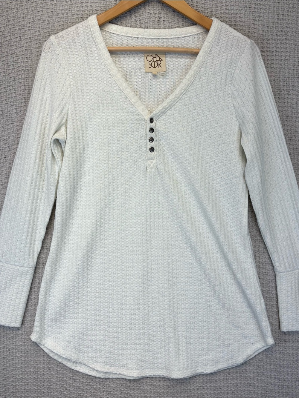 CHASER Henley Shirt Womens Large Off White Thermal Waffle Knit V Neck Top EUC